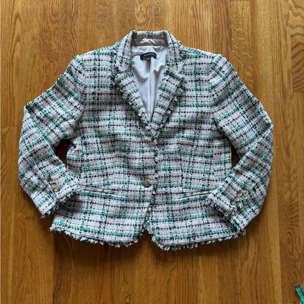 Ann Taylor | Multi Plaid Tweed Newbury Blazer with Fringe Trim | Size 10P